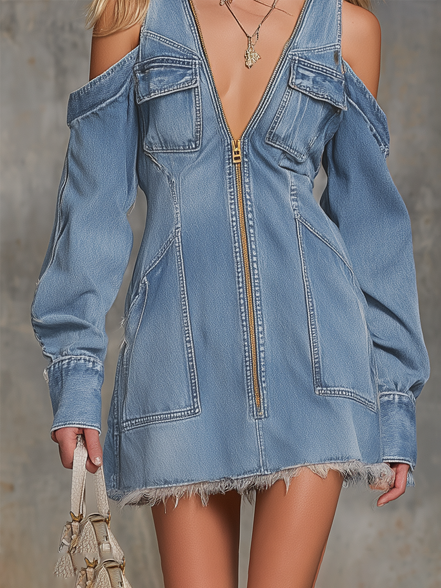 American Vintage Deep V-neck Zip-front Off-shoulder Slim-fit Denim Mini Dress