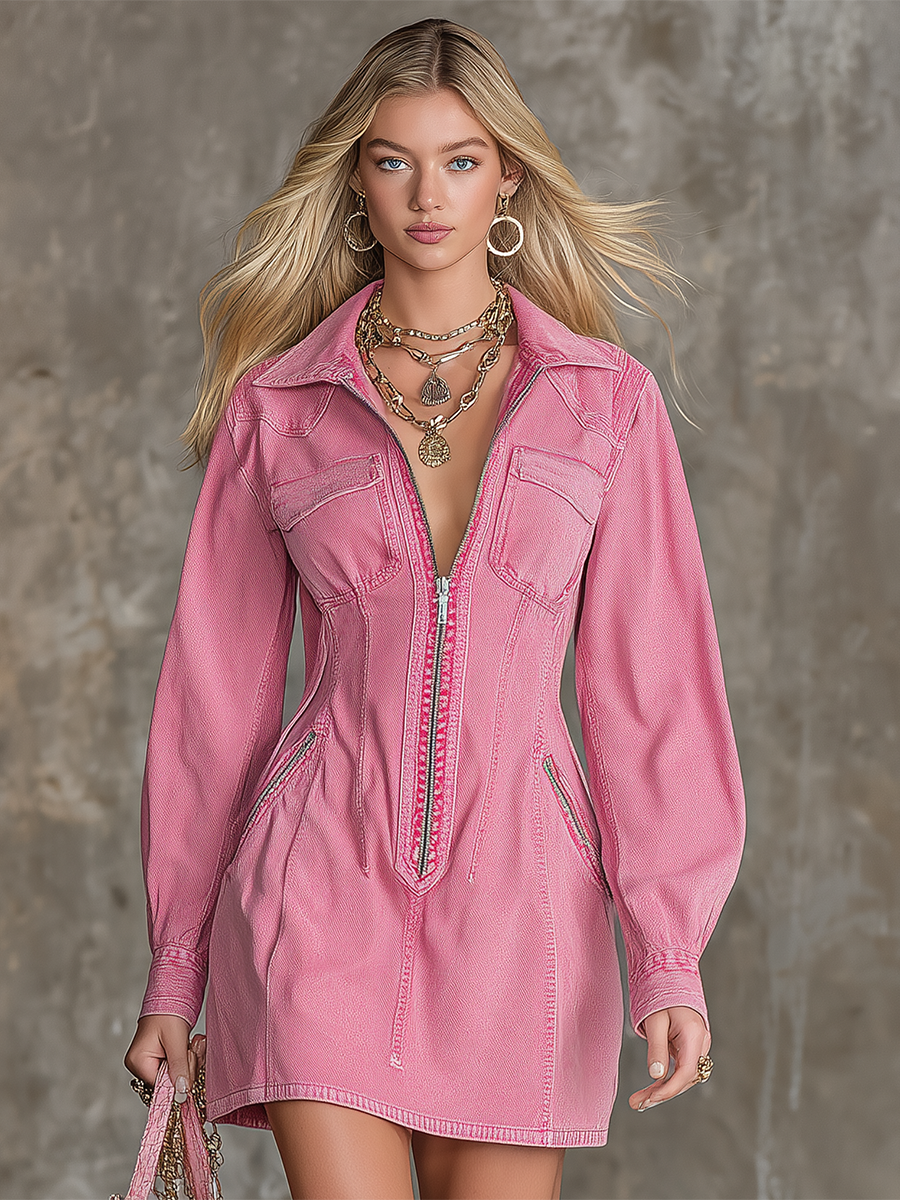 American Vintage Deep V-neck Zip-front Slim-fit Denim Mini Dress
