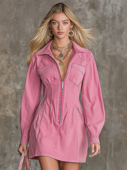 American Vintage Deep V-neck Zip-front Slim-fit Denim Mini Dress