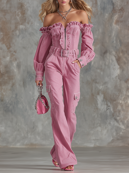 Vintage Off-the-shoulder Ruffle Zip-front High-waist Loose-fit Jumpsuit
