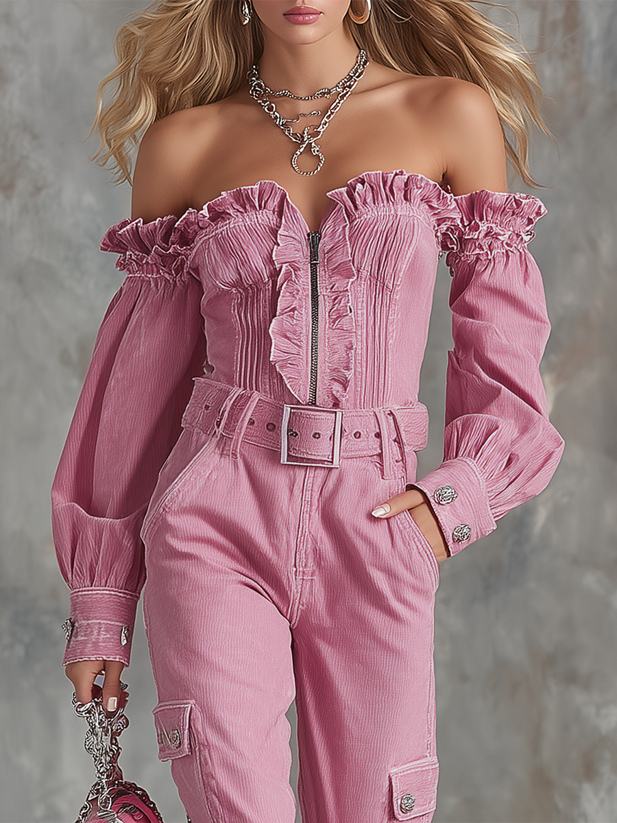 Vintage Off-the-shoulder Ruffle Zip-front High-waist Loose-fit Jumpsuit