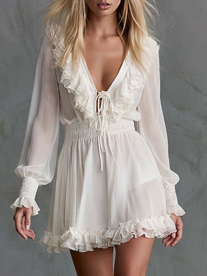 Retro Elegant White Ruffled Tie-neck Long-sleeved Chiffon Mini Dress
