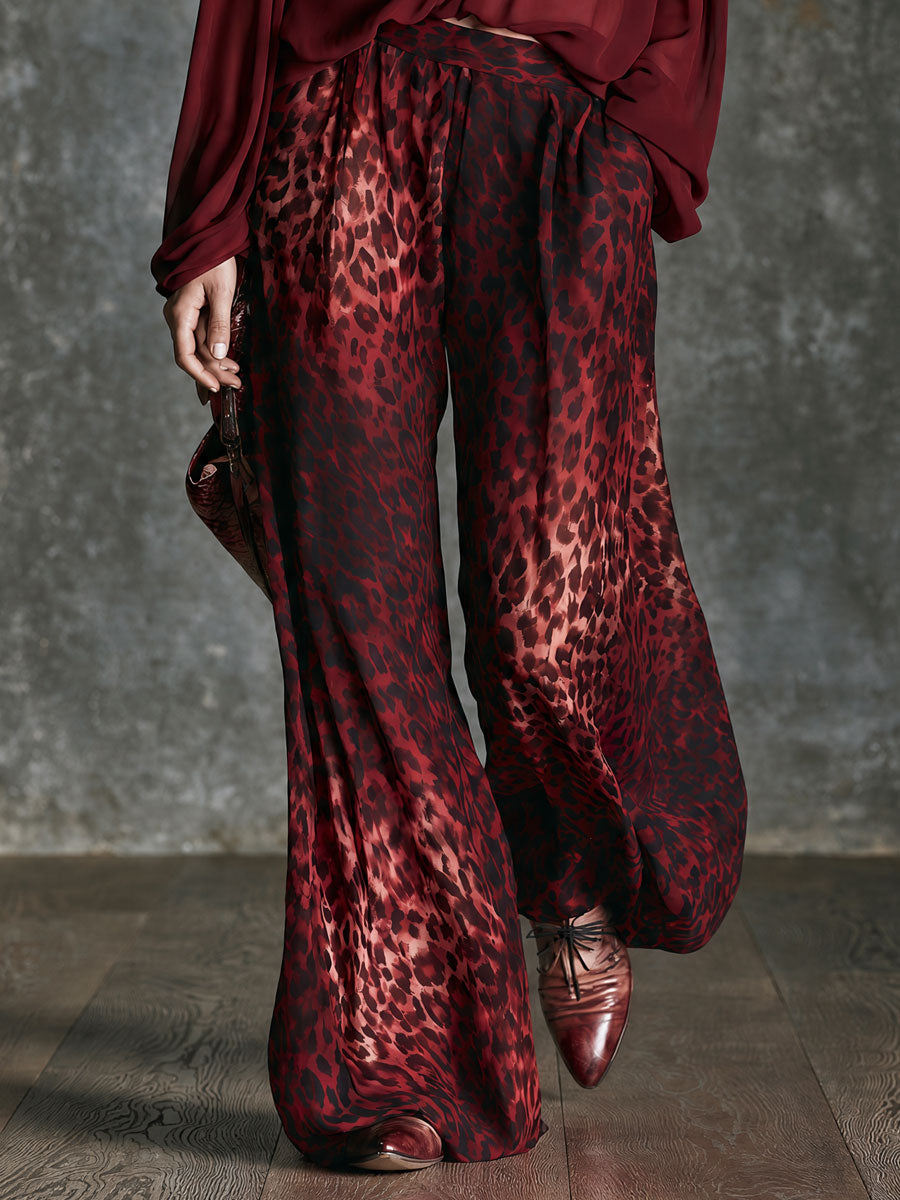 Retro-elegant Red V-neck Chiffon Blouse And Leopard Print Trousers Set