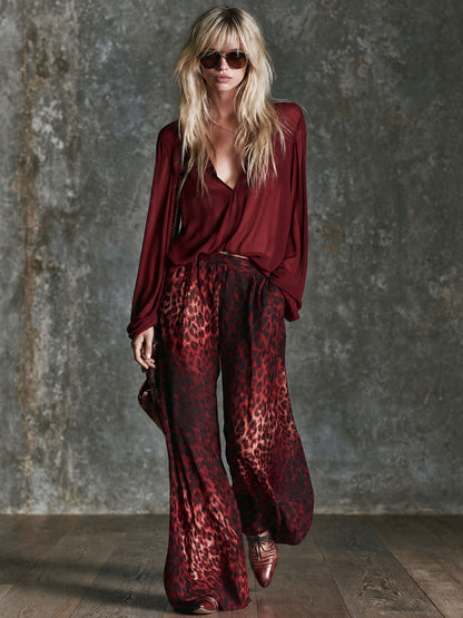 Retro-elegant Red V-neck Chiffon Blouse And Leopard Print Trousers Set