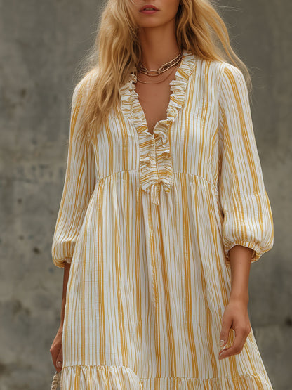 Retro-elegant Yellow Striped Ruffled V-neck Cotton Maxi Dress