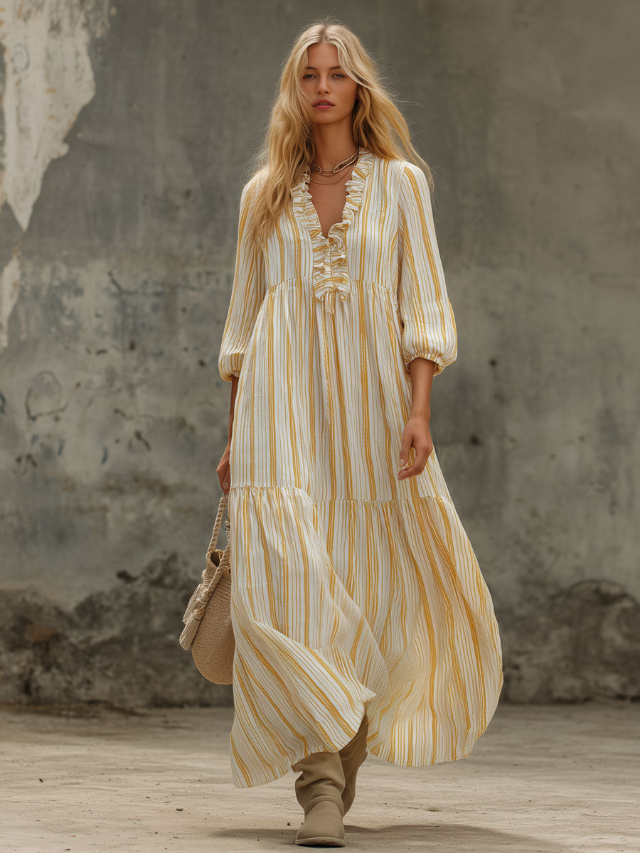 Retro-elegant Yellow Striped Ruffled V-neck Cotton Maxi Dress