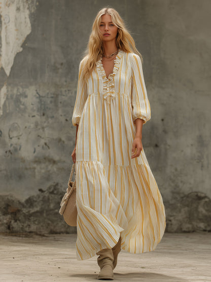 Retro-elegant Yellow Striped Ruffled V-neck Cotton Maxi Dress