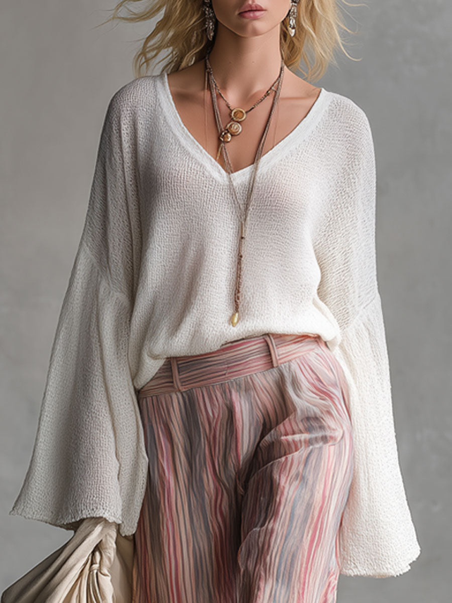 Casual Retro White Knitted V-neck Flared Long-sleeved Pullover