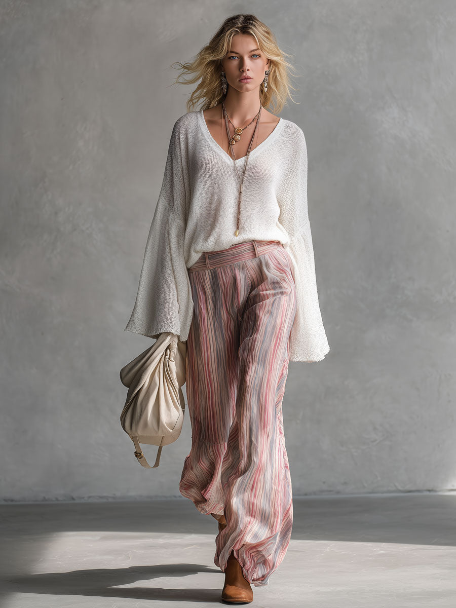 Casual Retro White Knitted V-neck Flared Long-sleeved Pullover