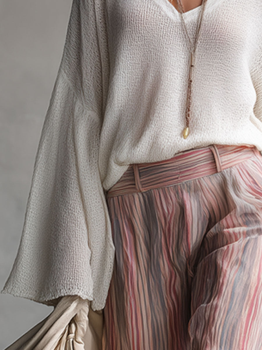 Casual Retro White Knitted V-neck Flared Long-sleeved Pullover