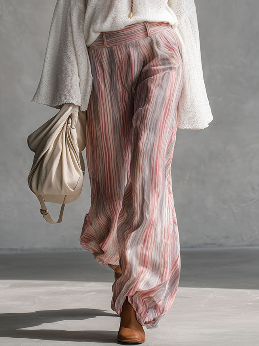 Casual Retro Pink And Blue Striped Chiffon Wide-leg Pants