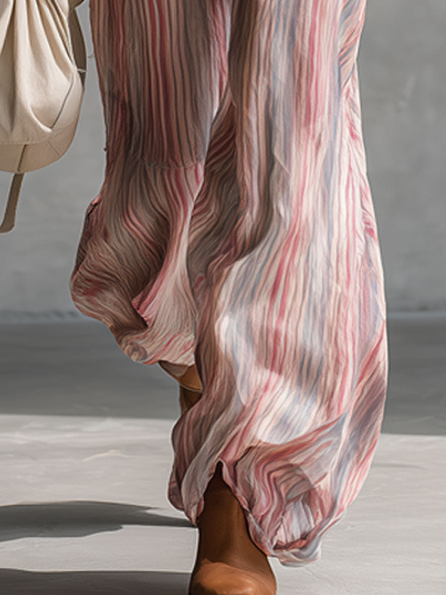 Casual Retro Pink And Blue Striped Chiffon Wide-leg Pants