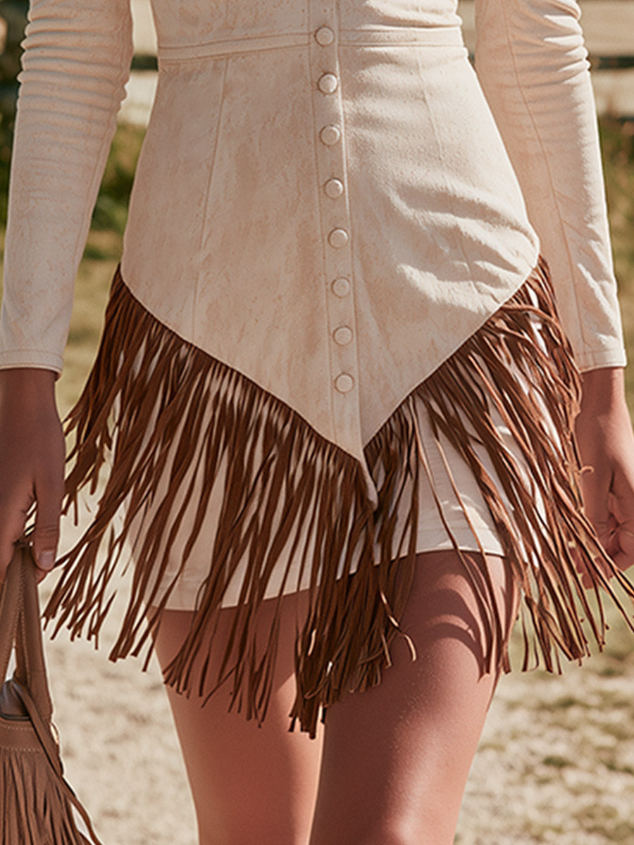 Retro Western-Style Color-Block Fringed Off-White Faux Suede V-Neck Mini Dress