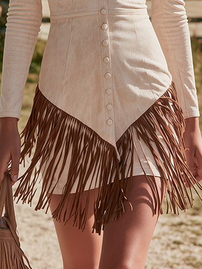 Retro Western-Style Color-Block Fringed Off-White Faux Suede V-Neck Mini Dress