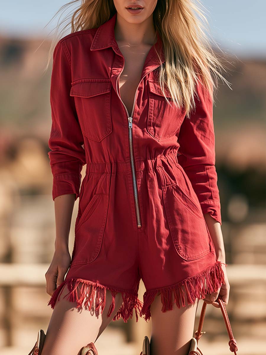 Retro Western Red Denim Zip-Front Fringe-Hem Utility Romper