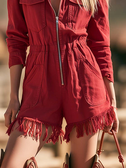 Retro Western Red Denim Zip-Front Fringe-Hem Utility Romper