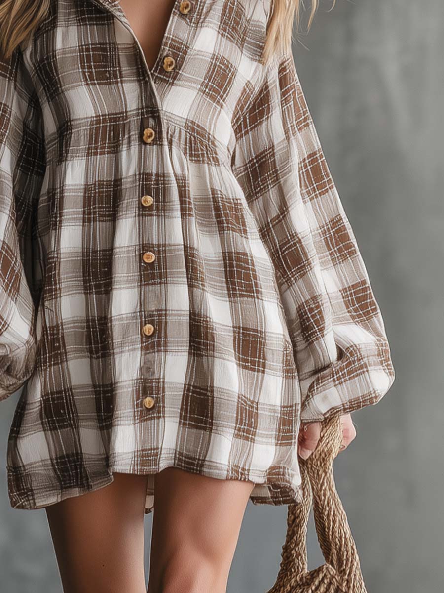 Retro Western Brown Plaid Cotton-Linen Button-Front Shirt Mini Dress
