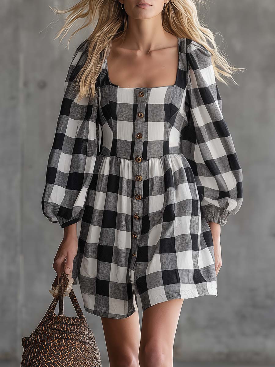 Vintage Gingham Square Neck Puff Sleeve Cotton Linen Mini Dress