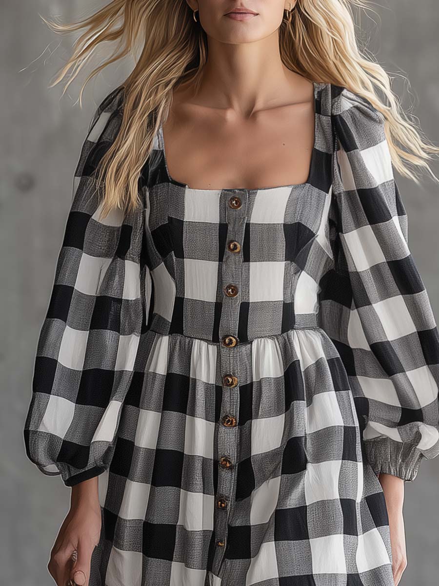 Vintage Gingham Square Neck Puff Sleeve Cotton Linen Mini Dress