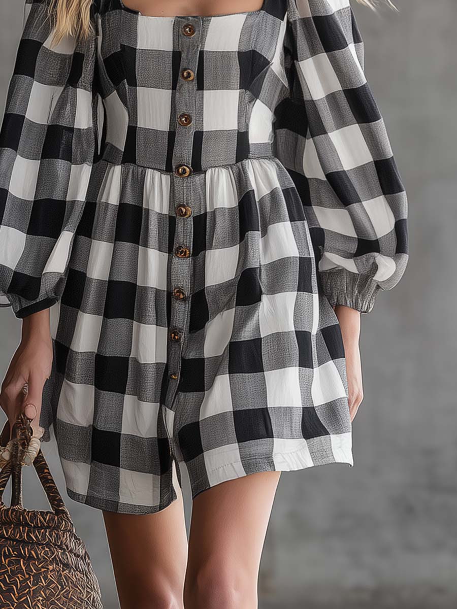 Vintage Gingham Square Neck Puff Sleeve Cotton Linen Mini Dress