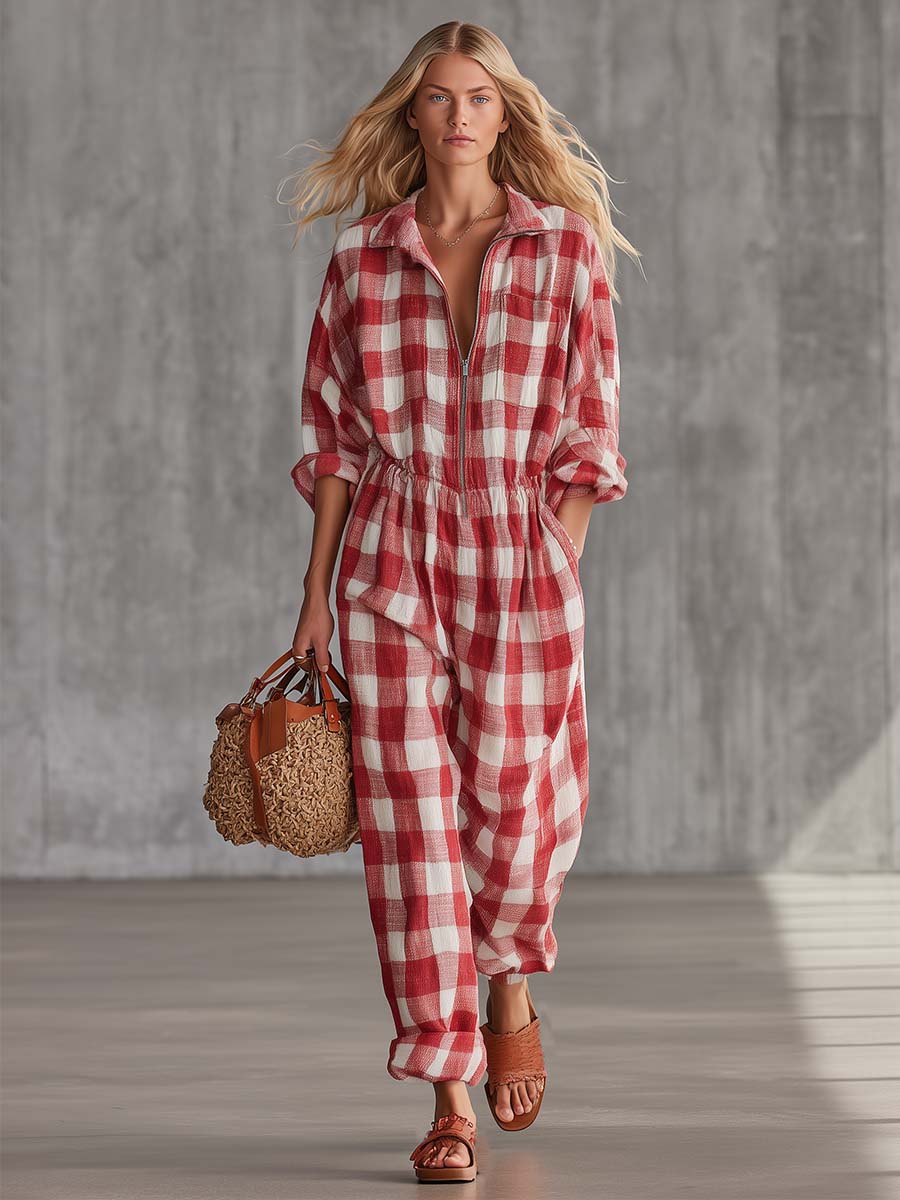 Retro Western Red Plaid Cotton-Linen Zip-Front Utility Jumpsuit