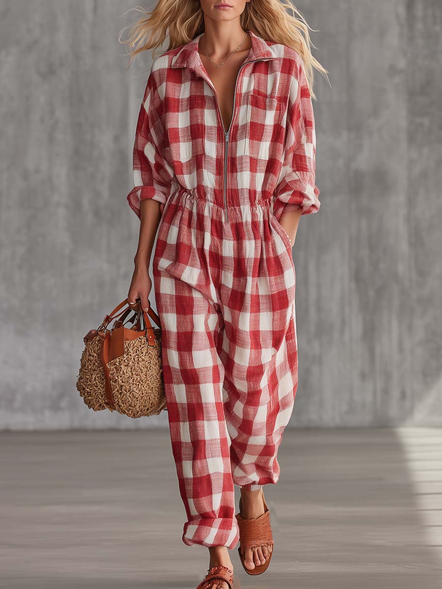 Retro Western Red Plaid Cotton-Linen Zip-Front Utility Jumpsuit
