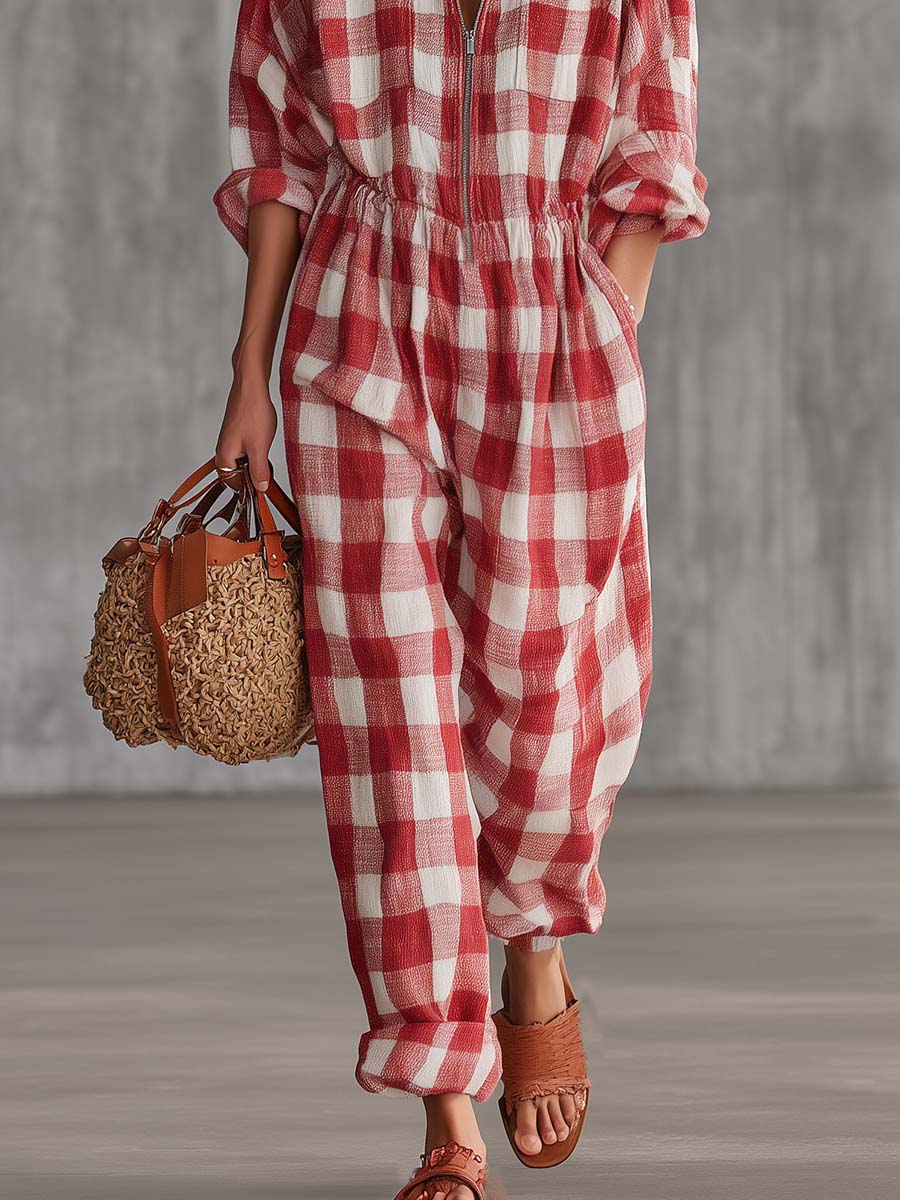 Retro Western Red Plaid Cotton-Linen Zip-Front Utility Jumpsuit