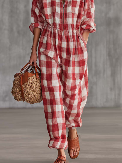 Retro Western Red Plaid Cotton-Linen Zip-Front Utility Jumpsuit