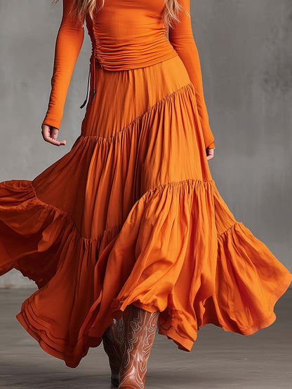 Boho Western Orange Off-Shoulder Ruched Top And Tiered Maxi Skirt Set