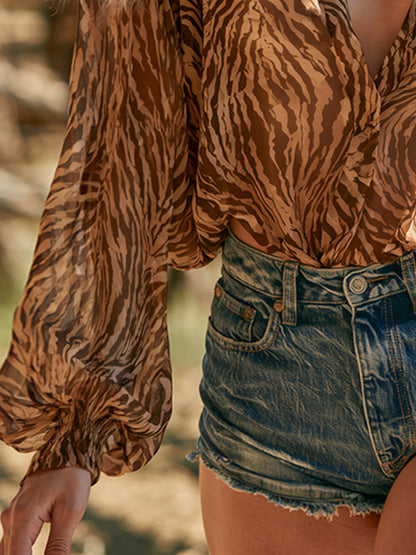 Versatile Retro Brown Zebra-print Chiffon Shirt