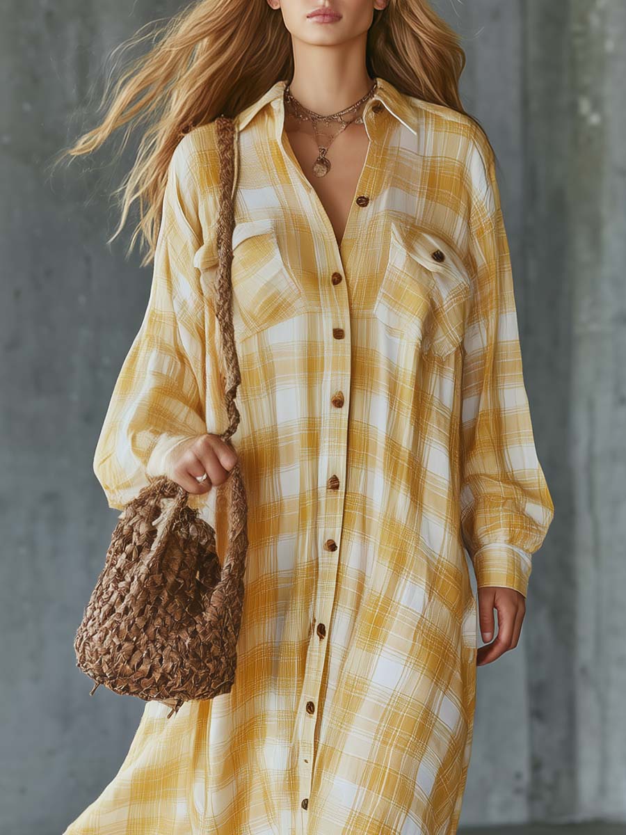 Retro Western Yellow Plaid Button-Front Cotton-Linen Shirt Maxi Dress