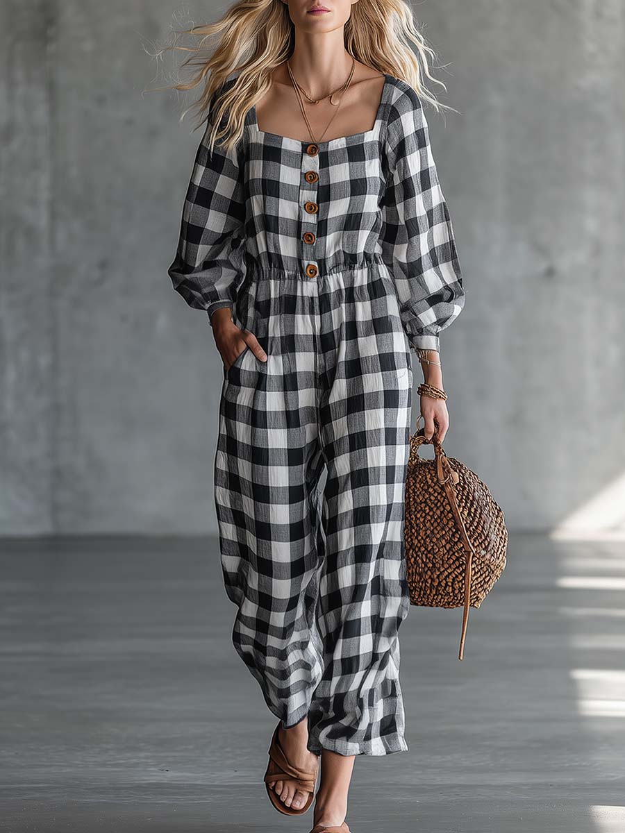 Retro Western Black Gingham Cotton-Linen Button-Front Wide-Leg Jumpsuit