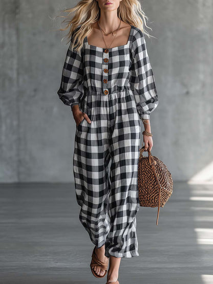Retro Western Black Gingham Cotton-Linen Button-Front Wide-Leg Jumpsuit