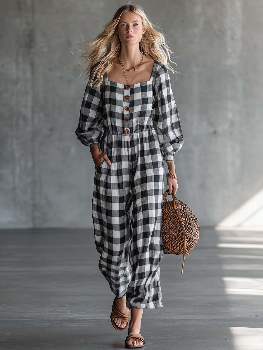 Retro Western Black Gingham Cotton-Linen Button-Front Wide-Leg Jumpsuit