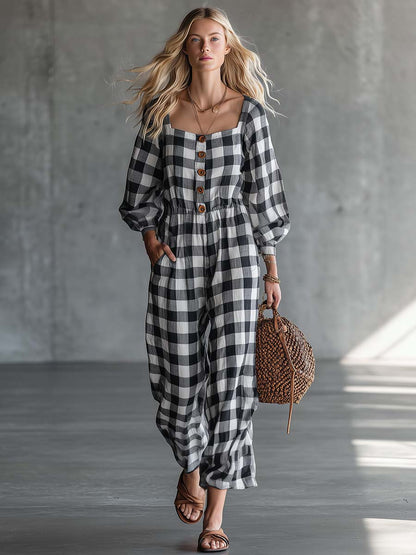 Retro Western Black Gingham Cotton-Linen Button-Front Wide-Leg Jumpsuit