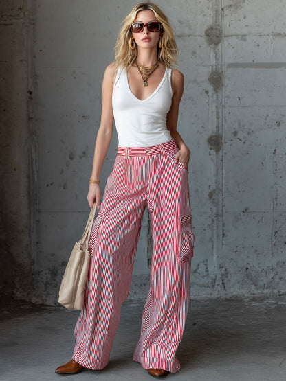 Casual Retro Red And White Striped Cargo Jeans