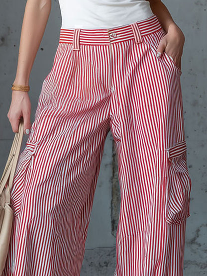 Casual Retro Red And White Striped Cargo Jeans