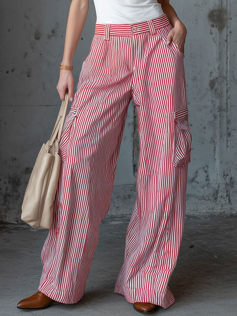 Casual Retro Red And White Striped Cargo Jeans