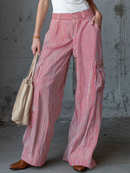 Casual Retro Red And White Striped Cargo Jeans