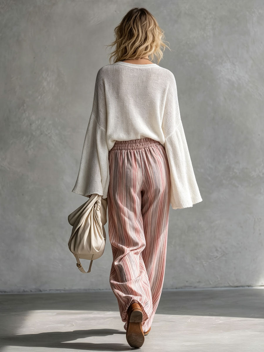 Casual Retro Pink And Blue Striped Chiffon Wide-leg Pants