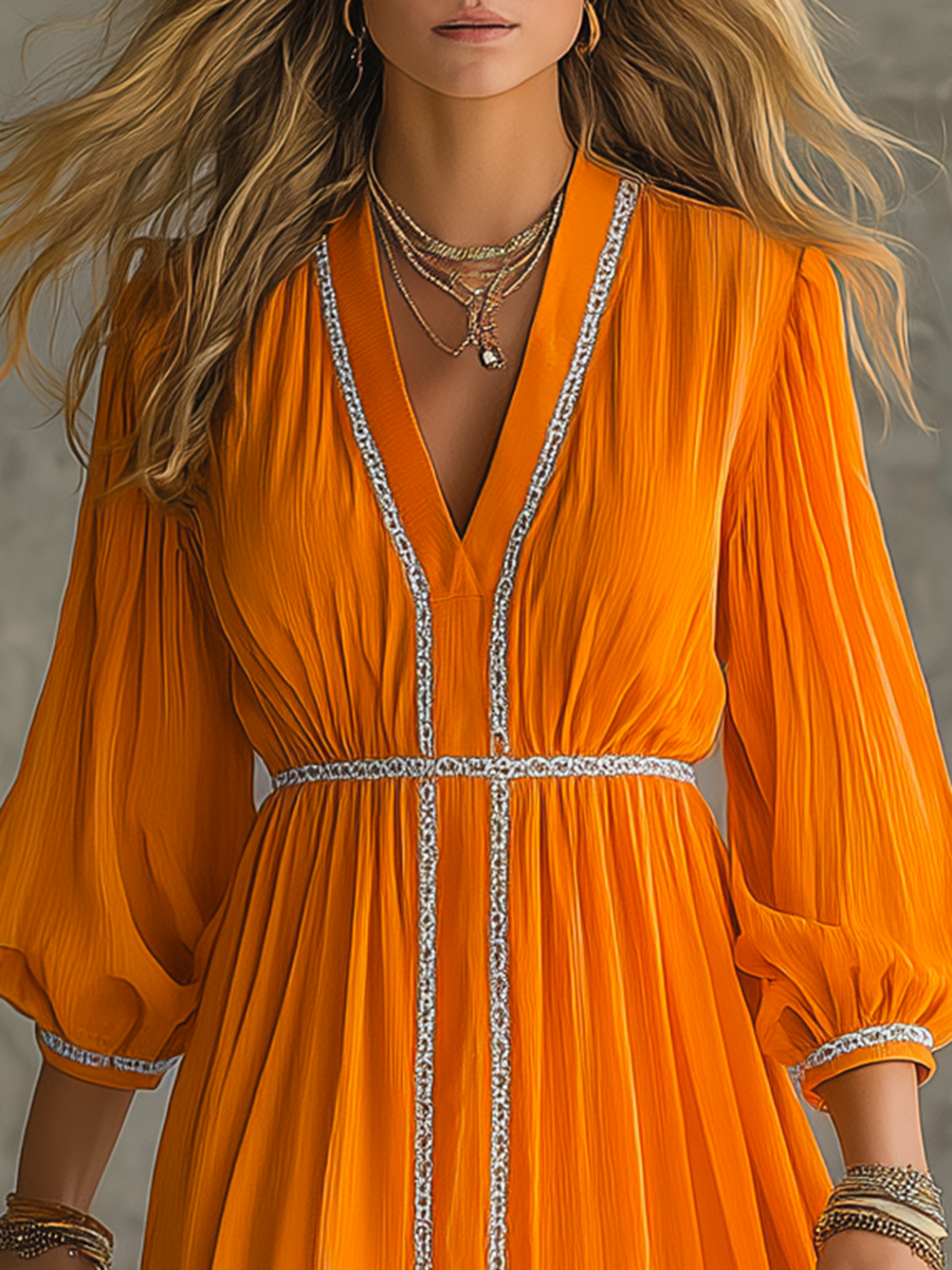 Retro-casual Western-style Orange Maxi Skirt