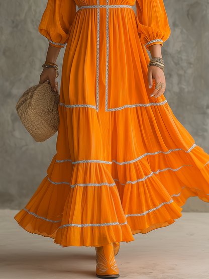 Retro-casual Western-style Orange Maxi Skirt