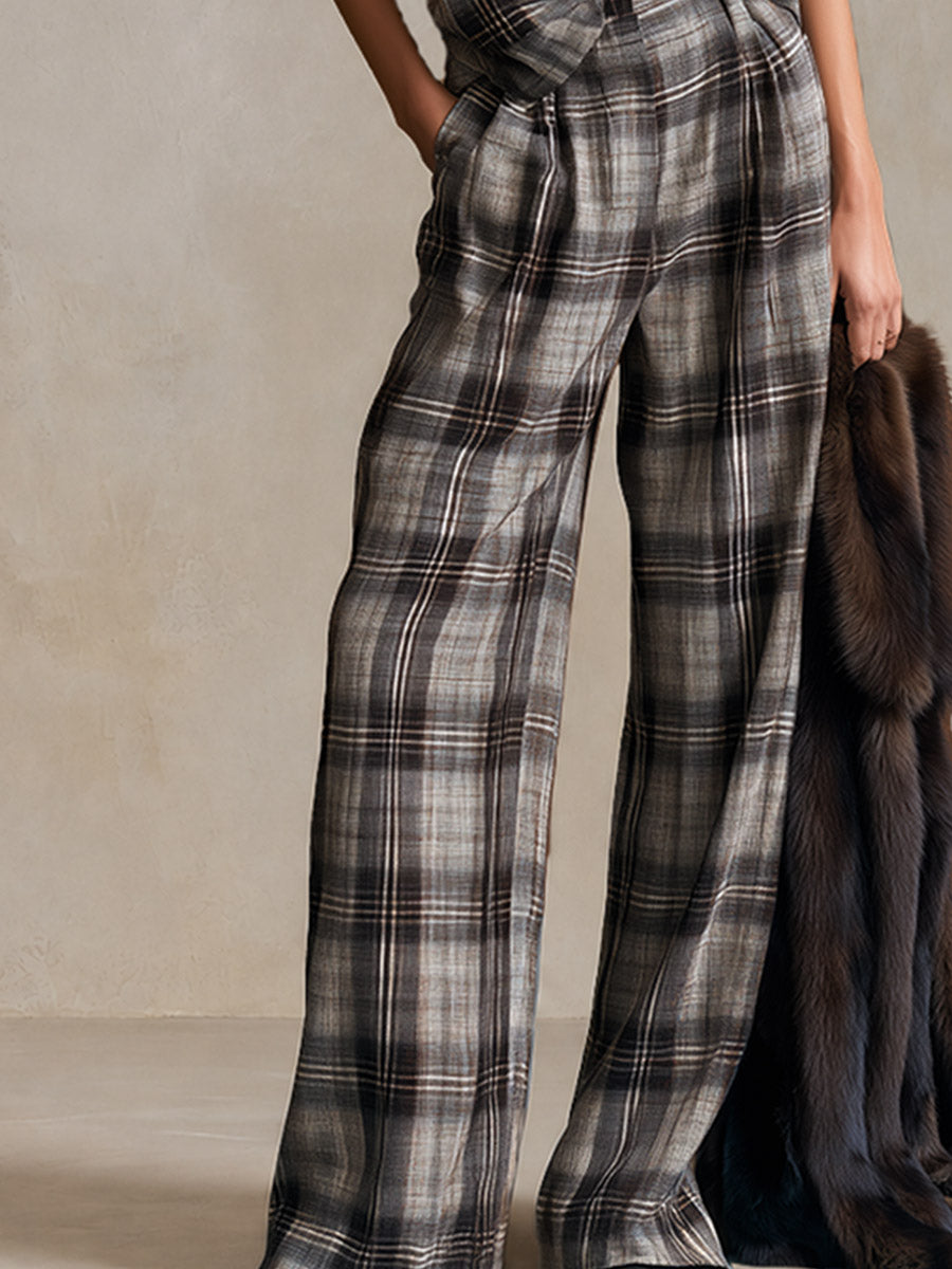 Retro Relaxed Grey-Brown Plaid V-Neck Shirt And Wide-Leg Pants Set