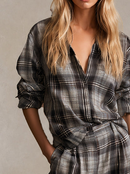 Retro Relaxed Grey-Brown Plaid V-Neck Shirt And Wide-Leg Pants Set