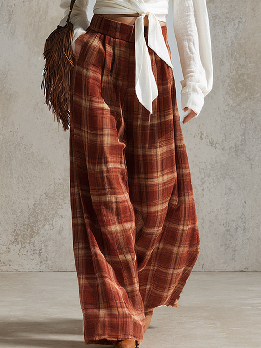 Vintage-style Boho White V-neck Shirt And Reddish-brown Plaid Wide-leg Trousers Set
