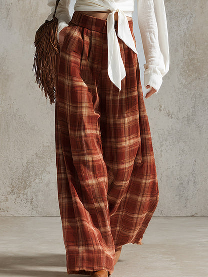 Vintage-style Boho White V-neck Shirt And Reddish-brown Plaid Wide-leg Trousers Set