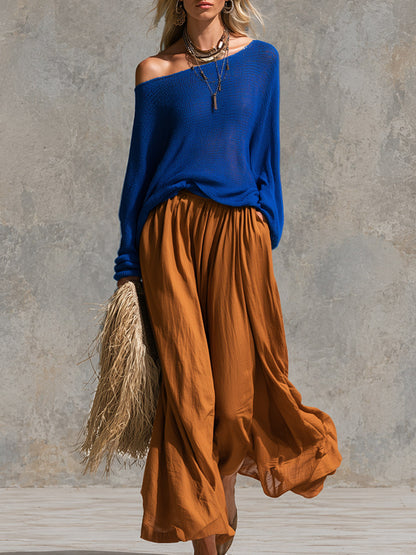 Vintage-style Elegant Blue Long-sleeve Knit Top And Brown Cotton Midi Skirt Set