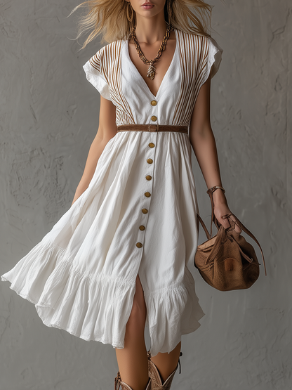 Vintage-style Casual Elegant Cotton-linen Dress Set