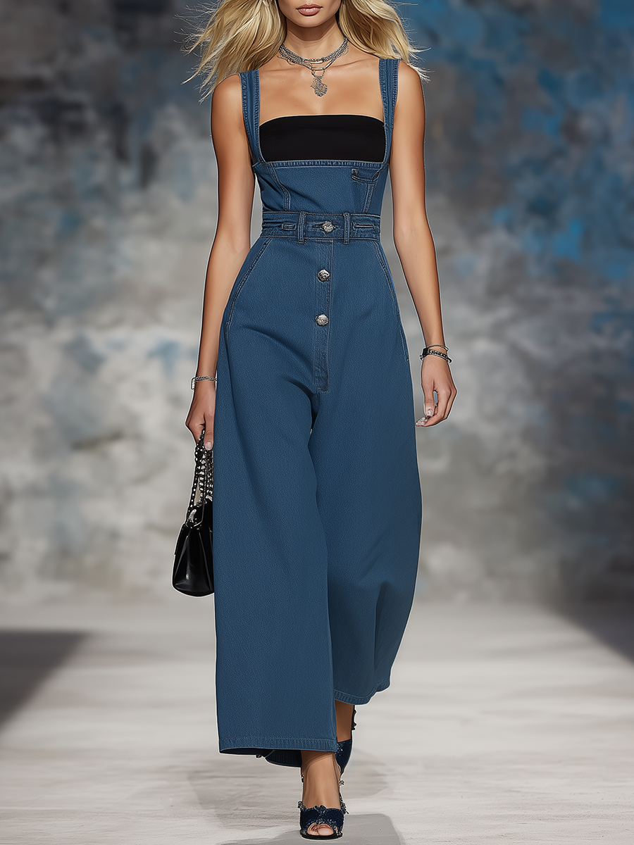 Vintage Corset-style Low-cut High-waist Strappy Denim Jumpsuit