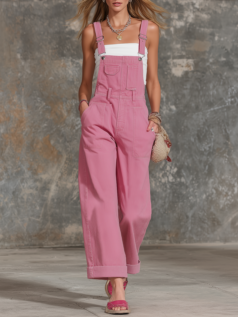 Western Casual Utility Large-pocket Wide-strap Cuffed Wide-leg Overalls